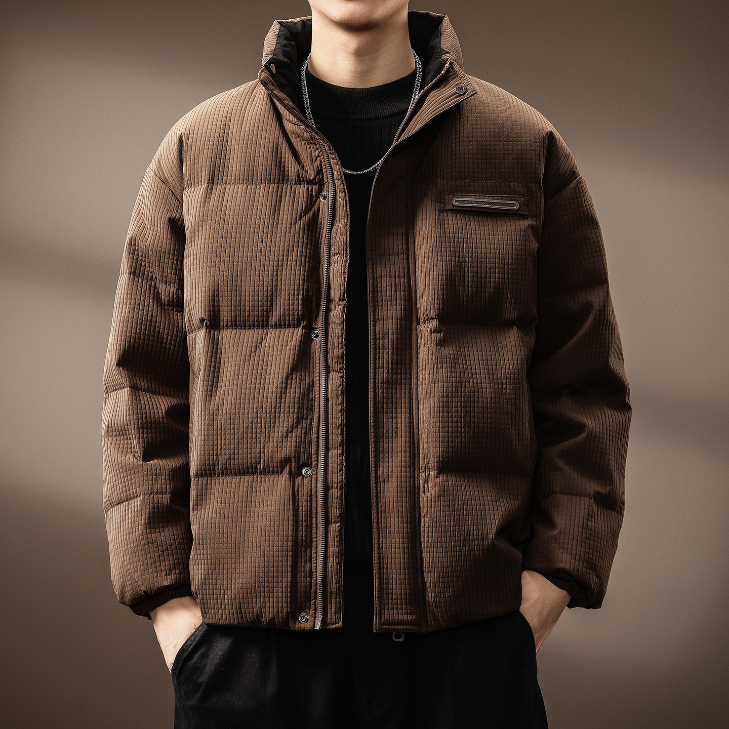 High-End New National Standard 90 White Duck down Hoodless Stand-Up Collar down Jacket Men's Winter New Loose Waffle Warm Jacket