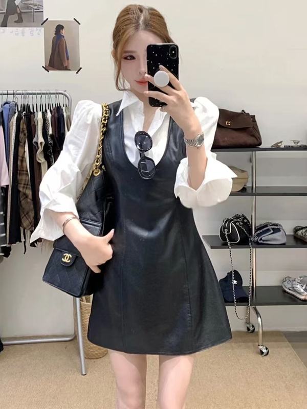 套装女2025秋新款法式气质设计感长袖衬衫收腰显瘦背心皮裙连衣裙|undefined