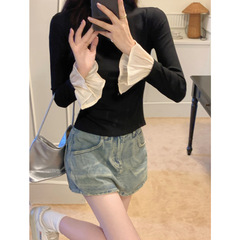 外贸实后德绒秋冬装蕾丝拼接修身款半高领长袖T恤女磨毛上衣