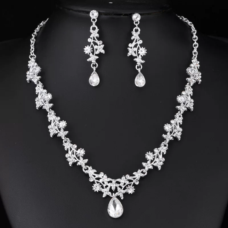 Fashionable earrings, necklace, chain, set for bride, accessory, European style, 2 piece set, wholesale