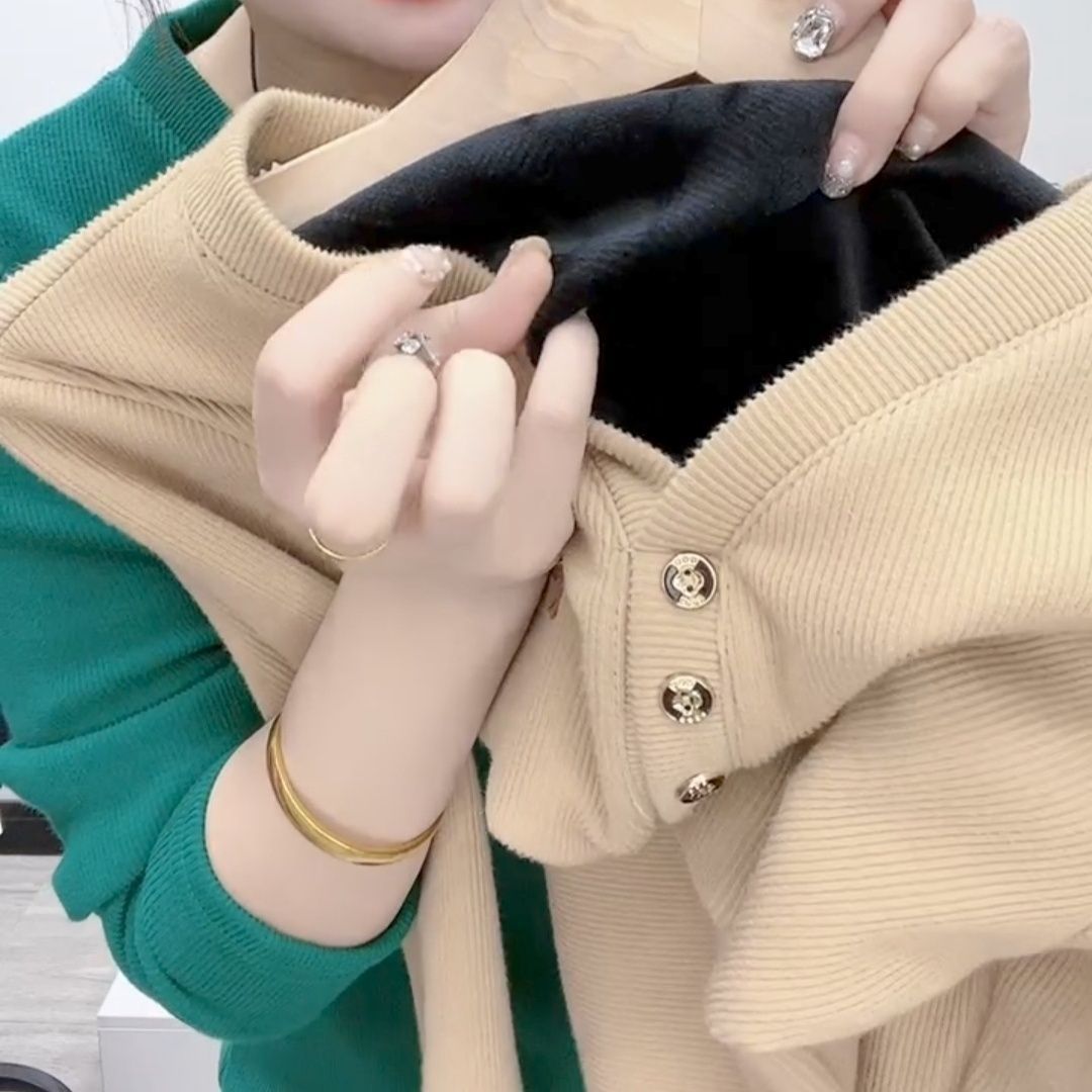 秋冬加绒加厚妈妈装打底衫新款洋气保暖小衫宽松遮肚显瘦长袖T恤