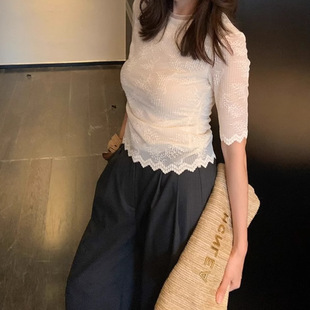 2025 Summer Light Luxury High-End Short-Sleeved Tops Pullover French Socialite French Thin Hollow Lace Shirt for Women