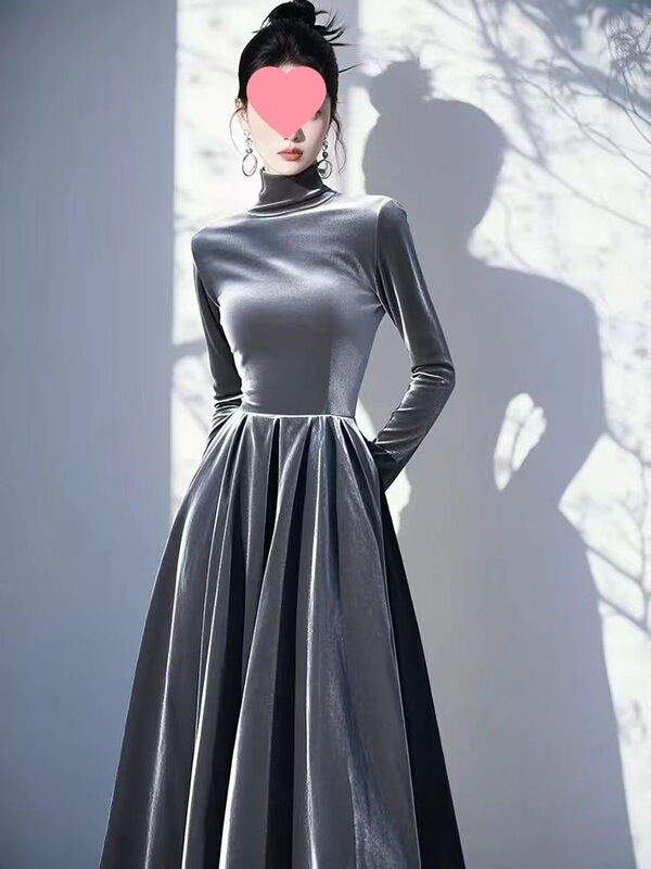 Formal Occasion Gray High-Neck Velvet Bottoming Dress Winter Rich Daughter Banquet Dress Long Skirt