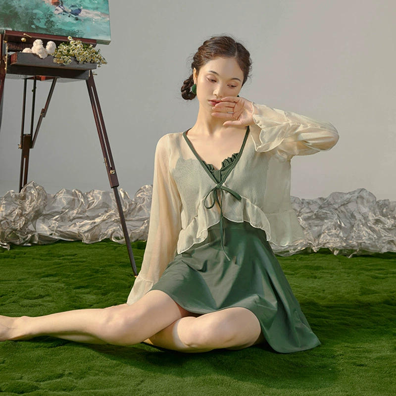 [Горячий товар] Новый женский купальник 2025 года, консервативный, закрывающий живот, для похудения, комплект суперфеи из горячих источников с длинными рукавами