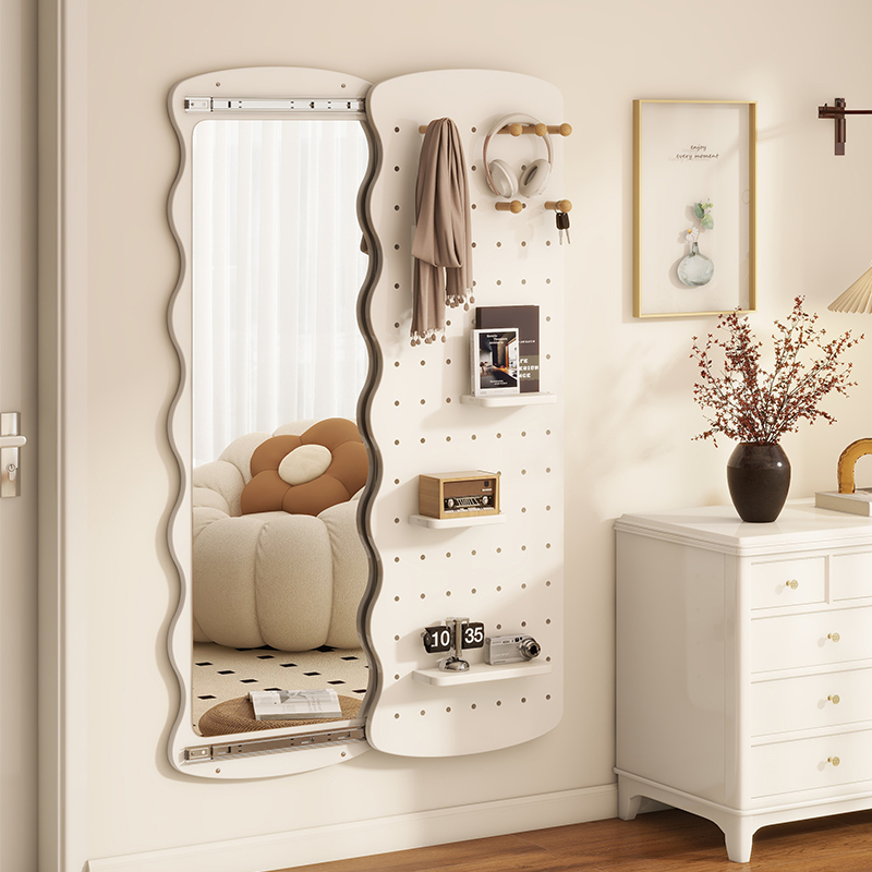 Wave-Shaped Perforated Board Dressing Mirror, Hidden Sliding Full-Length Mirror for Home Use, Closable Wall-Mounted Entryway Fitting Mirror Wave-Shaped Perforated Board Dressing Mirror, Hidden Sliding Full-Length Mirror for Home Use, Closable Wall-Mounted Entryway Fitting Mirror