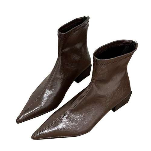 Korean-style small nude leather boots with pointed toes, short women's shoes, 2025 trendy and versatile fashion boots with thick heels and slim design