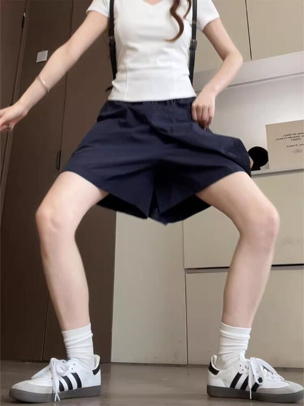 ネイビーブルーのカーゴキュロット女性の夏の 2025 新しいルーズワイドレッグ 5 点ミッドパンツカジュアル山本アイスシルクショーツ|undefined
