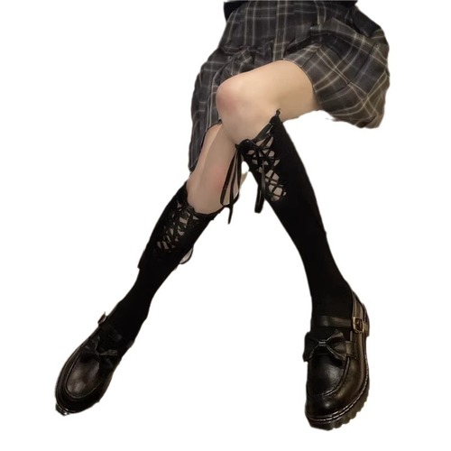 lolita personalized solid color strap mid-calf socks women's thin ballet style black leggings socks jk college style