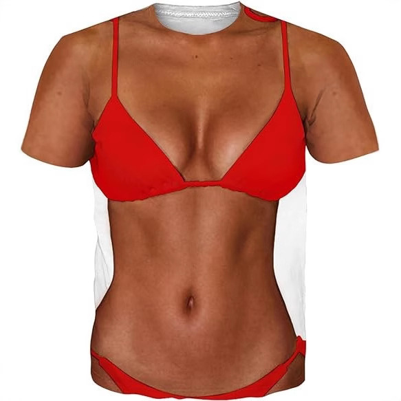 Divertido y divertido traje de baño de playa 3D impresión digital para hombres y mujeres verano suéter suelto hombro de manga corta camiseta fábrica