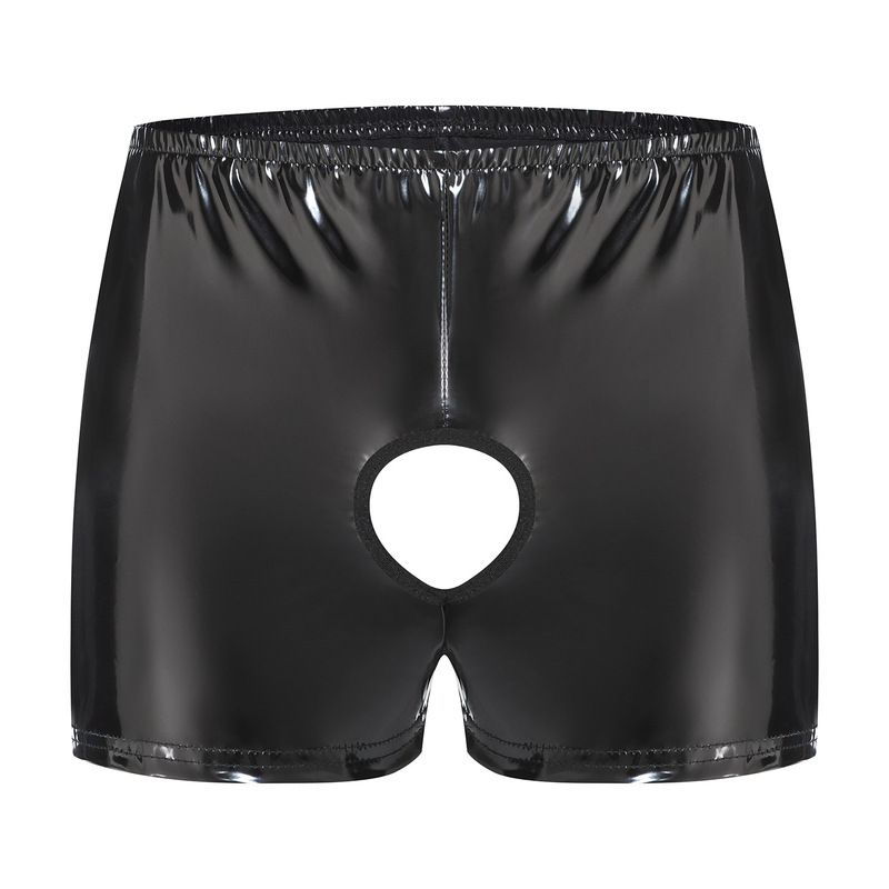 Cross-border Products Men's PVC Bright Leather Boxers Sexy Open Leather Shorts Accurate Size No Odor