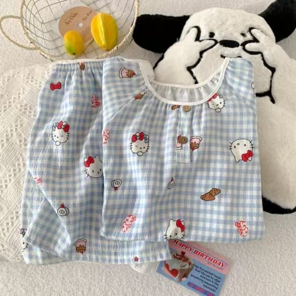 Venta al por mayor transfronteriza de nuevos pijamas de algodón de nube para mujer pantalones cortos de manga corta de verano con cuello redondo bordado dulce y simple servicio a domicilio
