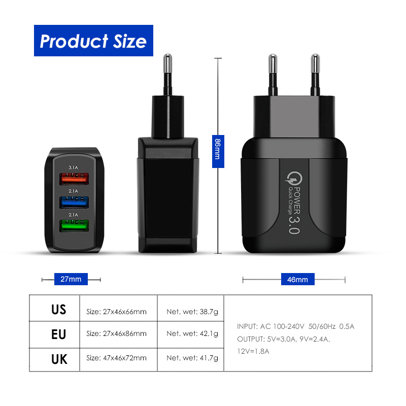 Cargador de teléfono móvil 2,4 A, carga rápida, carga directa, adaptador de corriente de múltiples puertos USB_voghion.com