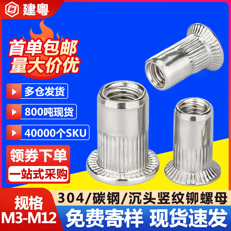 304 Stainless Steel Small Countersunk Head Vertical Stripe Rivet Nut Color Zinc Plated Rivet Screw Nut M4M5M6M8M10