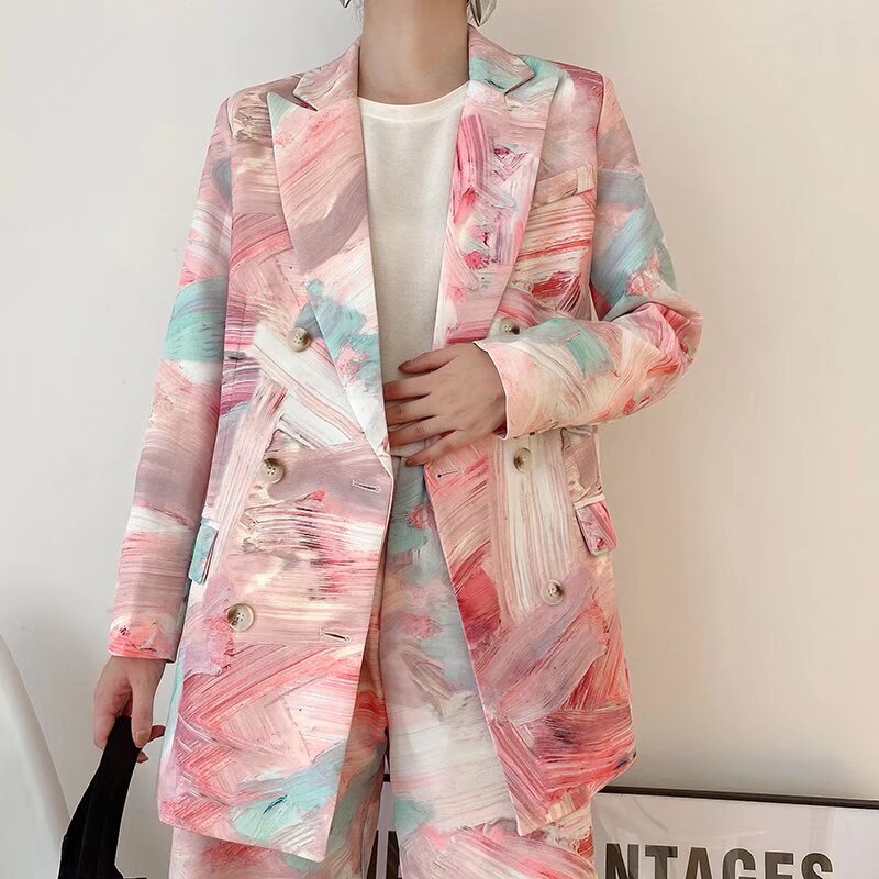 UC & ZA Cross-border Amazon Women's Wear European and American Style 2025 Spring New Graffiti Printed Double-breasted Suit Jacket