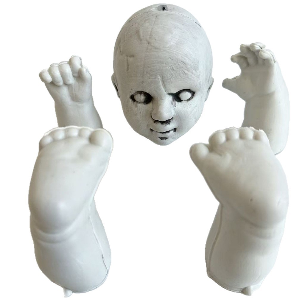 Decoración de Halloween de terror transfronterizo cabeza de niño brazo y pie decoración de esqueleto colgante casa embrujada bolsillo de red cabeza de muñeca fantasma