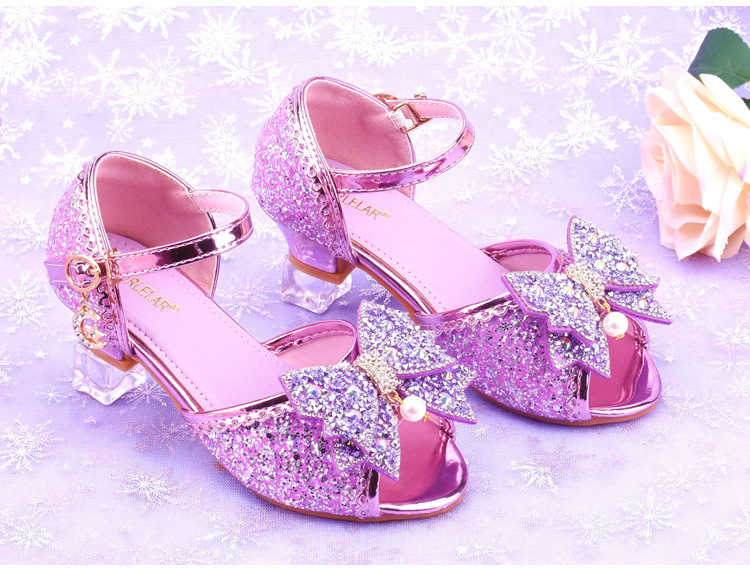 Little Girl Bow Sequin High Heel Sandals Summer Elsa