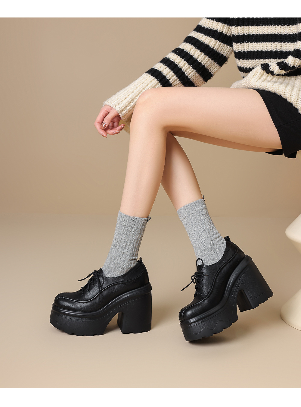 Giày loafer nữ đế xuồng cao gót 12 cm, mũi sâu buộc dây, da bò thật — màu nâu, màu đen chi tiết 9