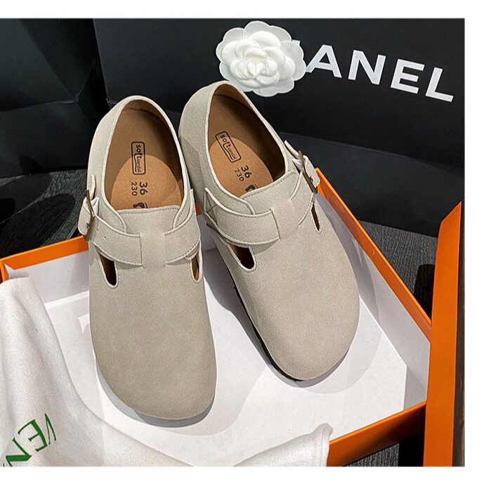 Dép sandal nữ bít mũi da thật quai khóa đế dày kiểu Birkenstock — 261 Màu nâu sẫm (toàn bộ), 261 Xám (toàn bộ), 261 kaki (toàn bộ băng đảng), 265 kaki (nửa kéo)