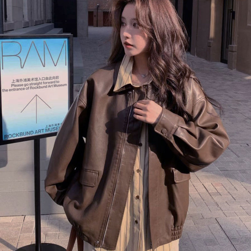 高档机车皮衣外套女复古2025春秋新款美式休闲百搭棕色皮夹克洋气|undefined