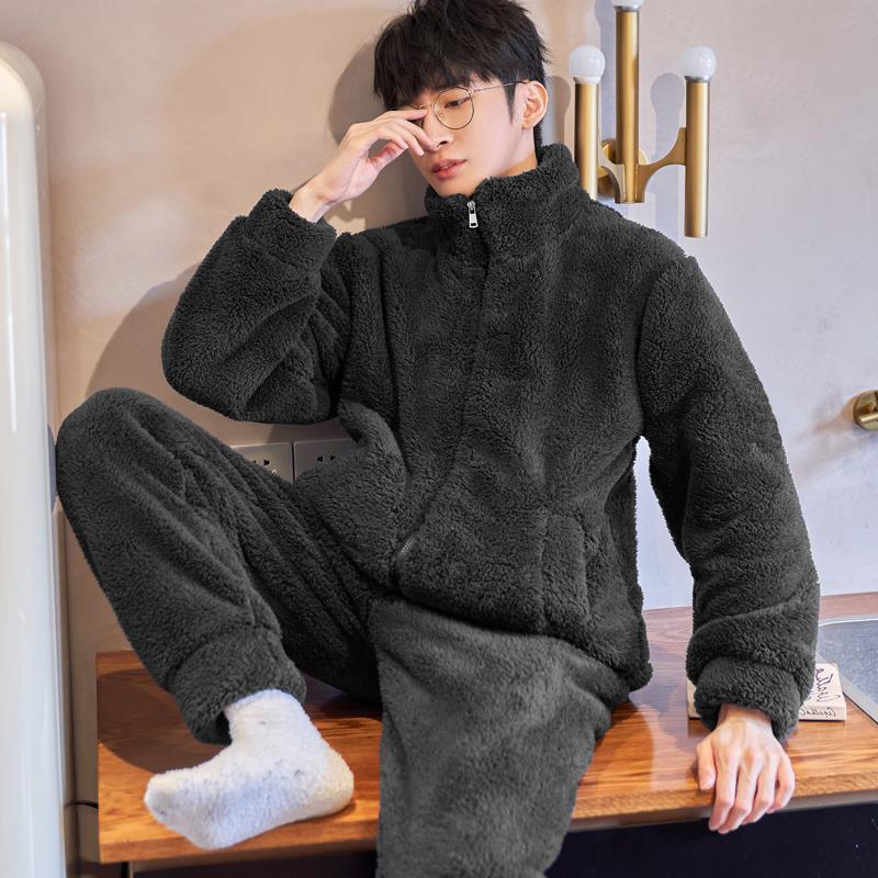 (남성용 겨울 잠옷, 플러시, 따뜻하고, 두껍고, 편안하고, 부드럽고, 가디건, 지퍼가 달린 가정복 정장은 외부에서 착용 가능