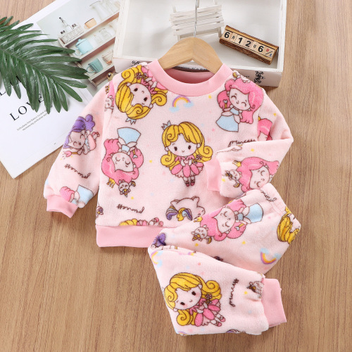 Children's Autumn/Winter Warm Fleece Set with Padded Innerwear, Home Suit, Top and Bottom Socks for Boys and Girls