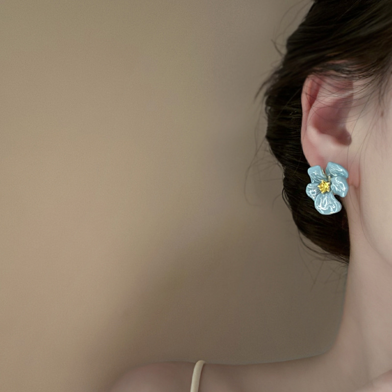 Aguja de plata, estilo de vacaciones azul, pendientes de lazo de flores suaves, pendientes de moda fresca, pendientes de ambiente dulce