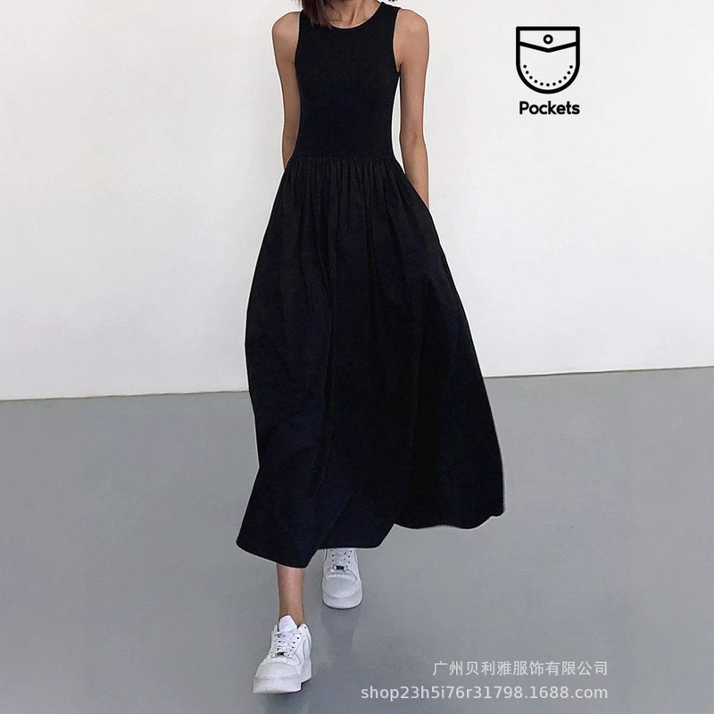 Japanese and Korean New Stitching Long Sleeveless Summer dress Women's Design Sense Slim-fit Slimming Large Skirt Elegant Long Dress