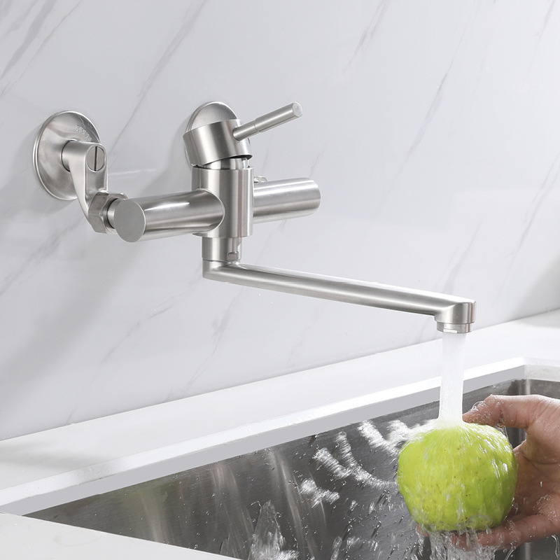 Double-Hole Sink Faucet Wall-Mounted Balcony 304 Stainless Steel Kitchen Laundry Sink Hot and Cold Water Inlet