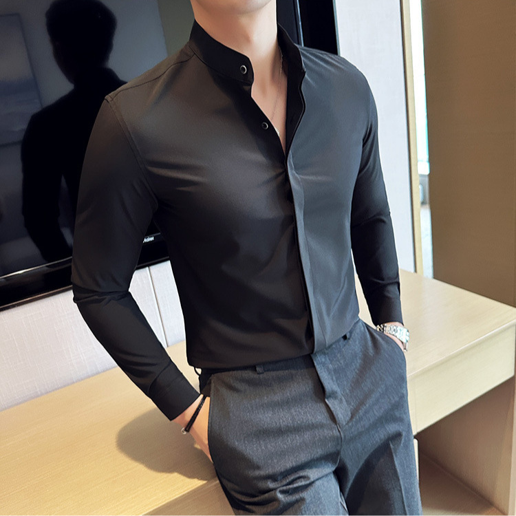 立领长袖衬衫男暗扣百搭纯色商务修身工作服春秋新款免烫高级男装|undefined