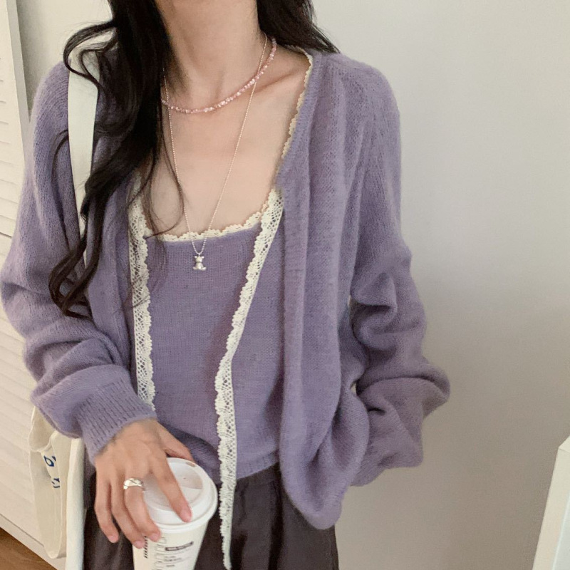 韩版百搭纯色长袖针织开衫女春秋季新款叠穿蕾丝花边毛衣吊带套装|undefined