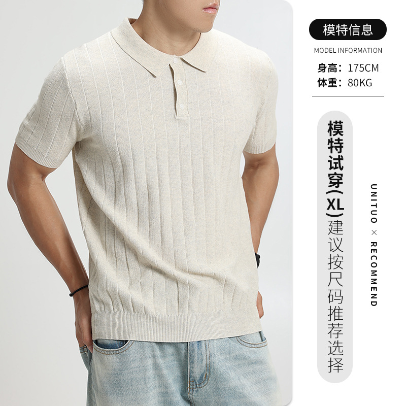 Hombre de verano de hielo de seda de punto polo camiseta de collar de manga corta europea y americana explosión de negocios casual alta sensación superior