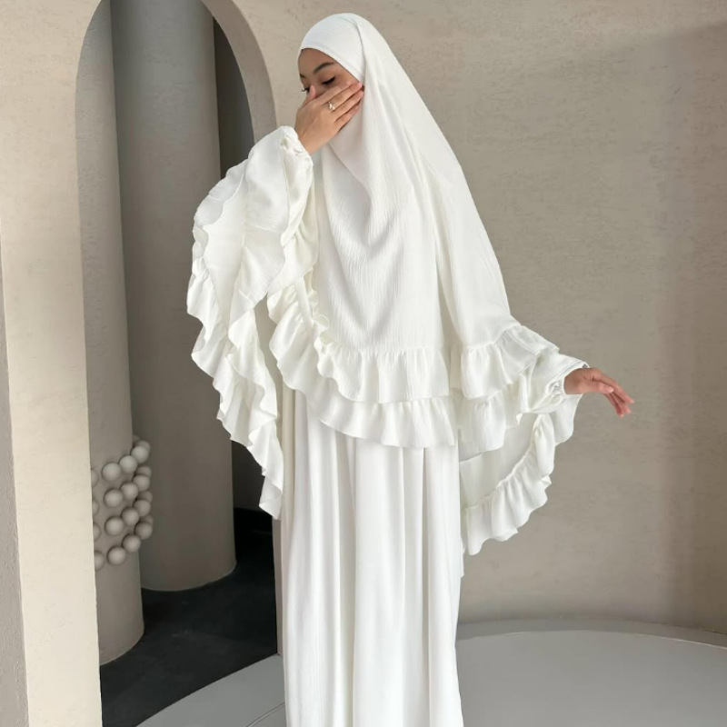 Middle Eastern Two-piece Outfit, Double-layered Ruffled Long Headscarf + Multi-colored Long-sleeved Robe DS111_ecoleips.com