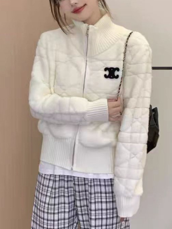 春秋款刺绣温柔风菱格设计修身显瘦外穿针织秋冬拉链开衫毛衣外套|undefined