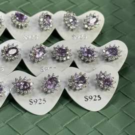 新款天然紫水晶耳钉S925银镶嵌主石9*9mm百搭网红爆款女饰批发