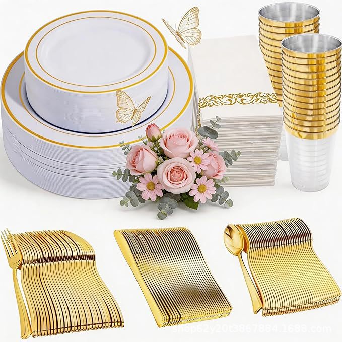 Foreign Trade Amazon Temu Shein Dropshipping, Wholesale Disposable Hard Plastic Dinner Plates, Knives, and Forks for Parties and Gatherings