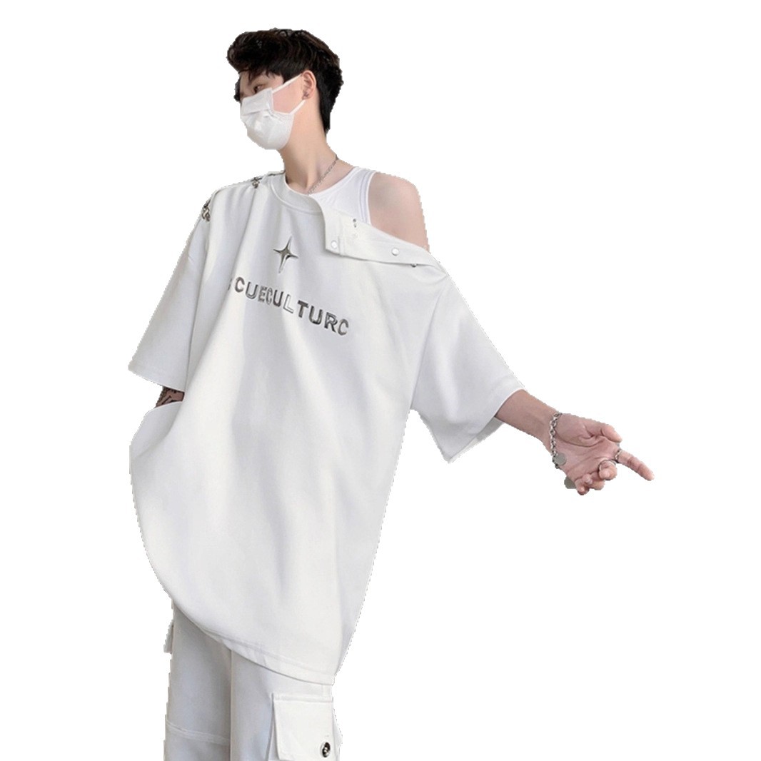 Einzigartiges T-Shirt im dekonstruierten Metalldesign für Herren, schwarze Kurzarmshirts für den Sommer, coole High-End-Fünfviertelärmel_voghion.com