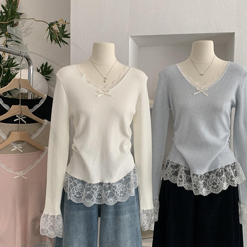 Omalai V Neck Spliced Lace Pleated Waist Slimming Look Pure Color Long-Sleeved Bottoming Knitwear Top 5925 Omalai V Neck Spliced Lace Pleated Waist Slimming Look Pure Color Long-Sleeved Bottoming Knitwear Top 5925