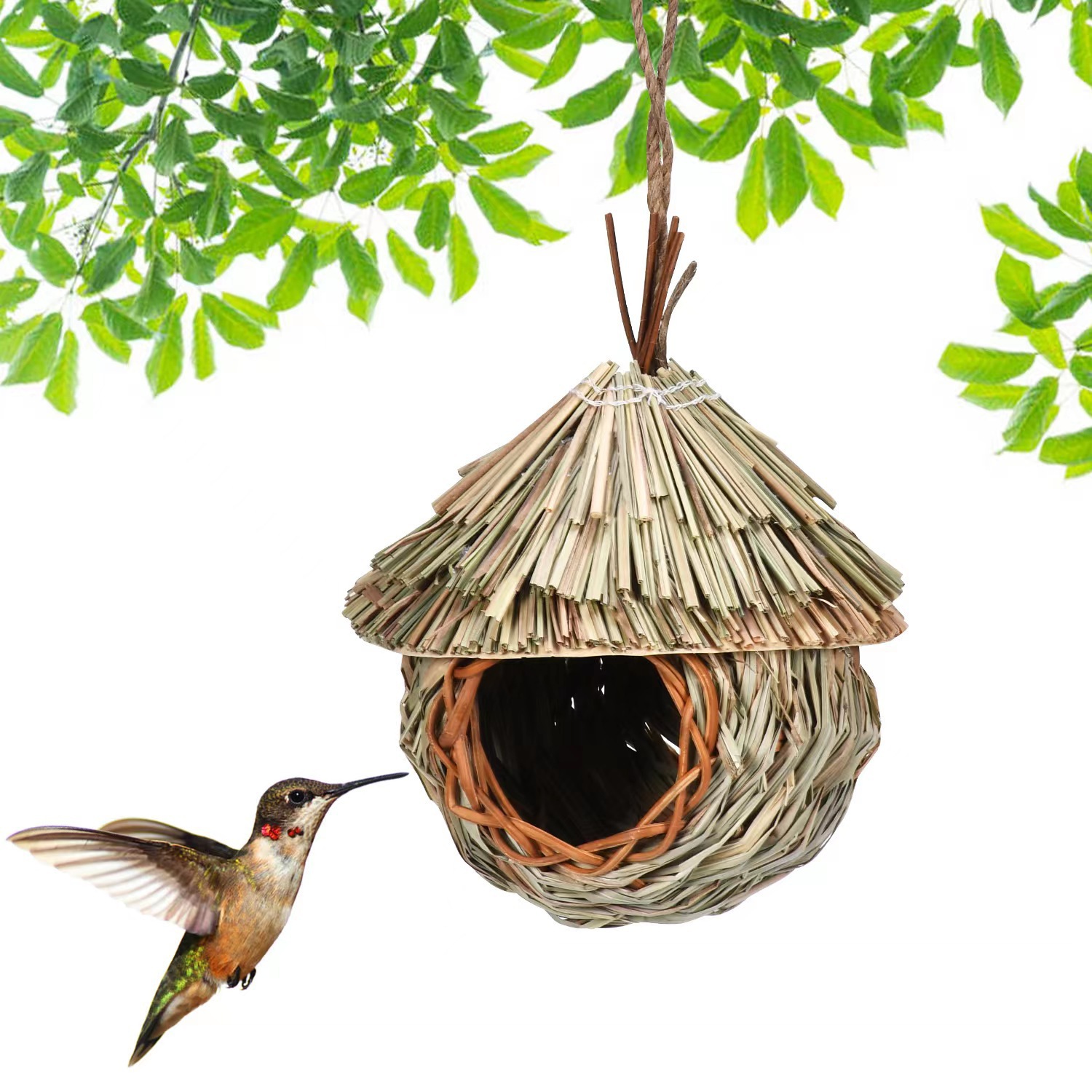 Nuevos productos calientes Casa de pájaros creativa Nido de pájaro tejido de paja colgante Jardín de infantes hecho a mano Diseño ambiental AliExpress transfronterizo