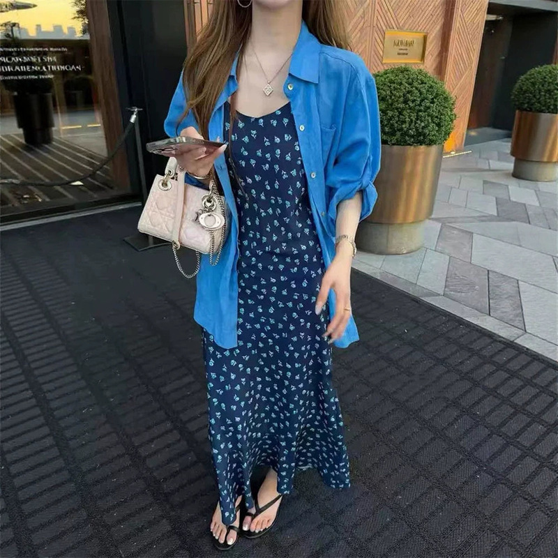 Korean-Style Floral Suspender Dress Two-Piece Set for Women 2026 Summer Fashion Age-Reducing Elegant Blue Shirt Dress Set