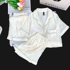 女性用胸パッド付きアイスシルクパジャマ3点セット、高級国民風ジャガード半袖アイスシルクホーム服、夏用薄手スタイル
