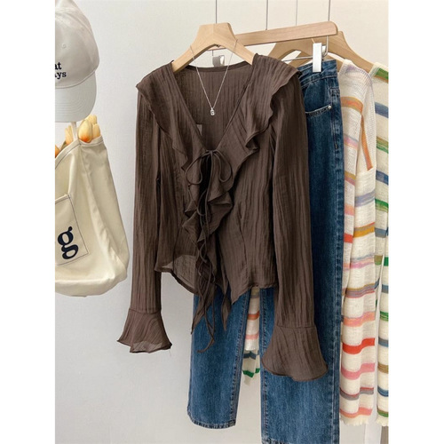French High-End V-Neck Edge Hemming Thin Drum Sleeve Strap Chiffon Shirt