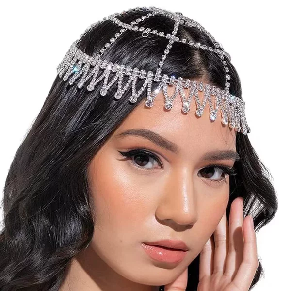 Cross-border rhinestone tassel water drop hair band forehead chain fashionable bride wedding hair accessories European and American hat chain women's Headband