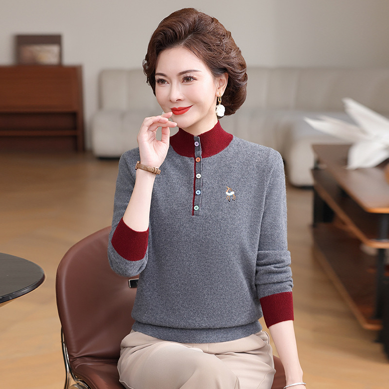 2025年妈妈装100%纯羊毛衫女中老年秋冬新款针织半高领绣花毛衣女|undefined