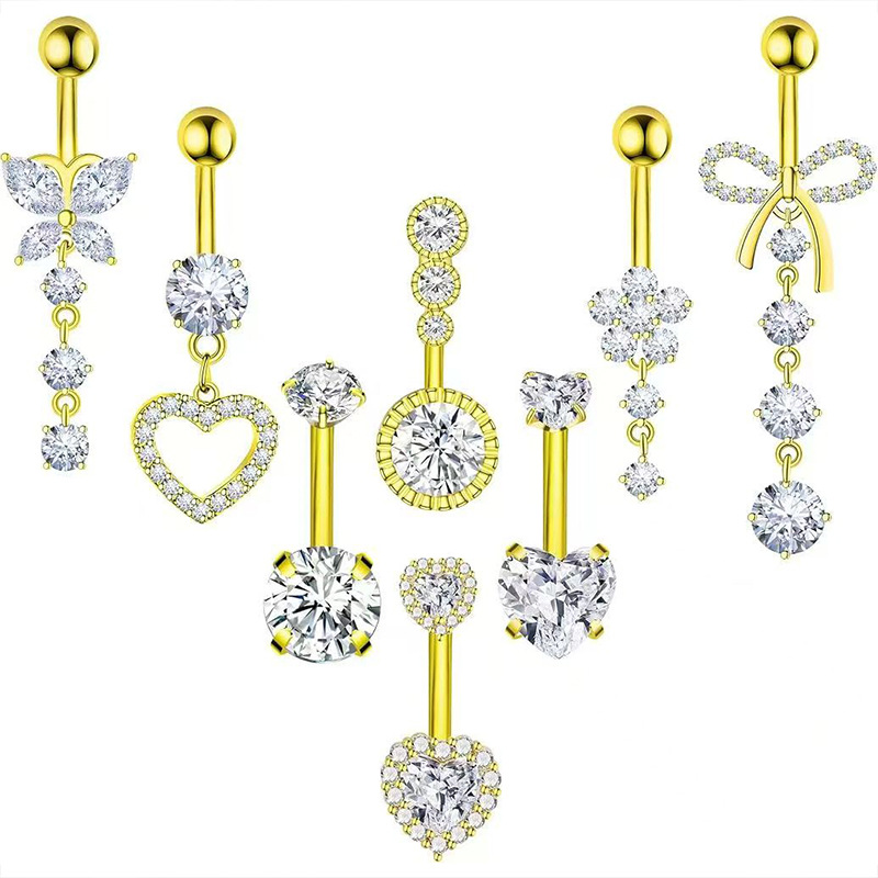 Set di otto pezzi in acciaio inossidabile per piercing all'ombelico con cuore e fiore, intarsi in zircone, gioielli semplici per piercing all'ingrosso_voghion.com