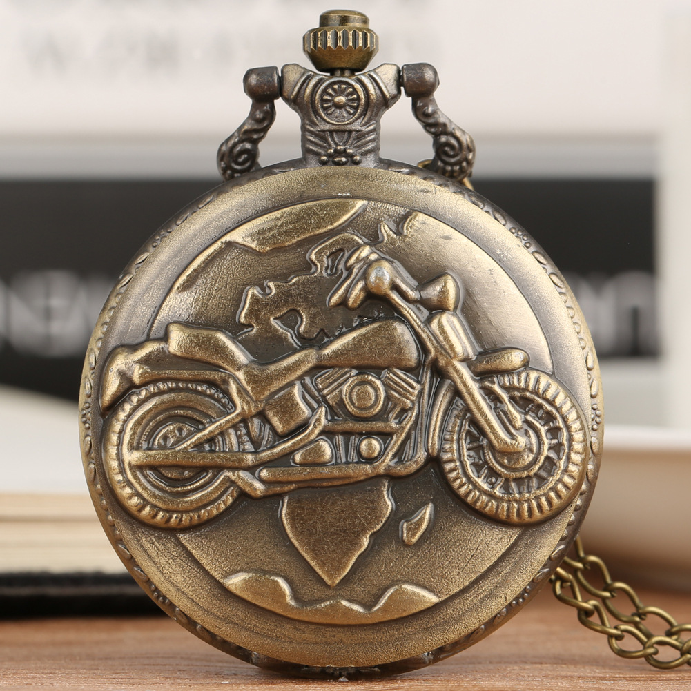 New Retro Vintage Motorcycle Pattern Digital Dial Antique Color Flip-Top Quartz Pocket Watch. in Stock for Quick Delivery