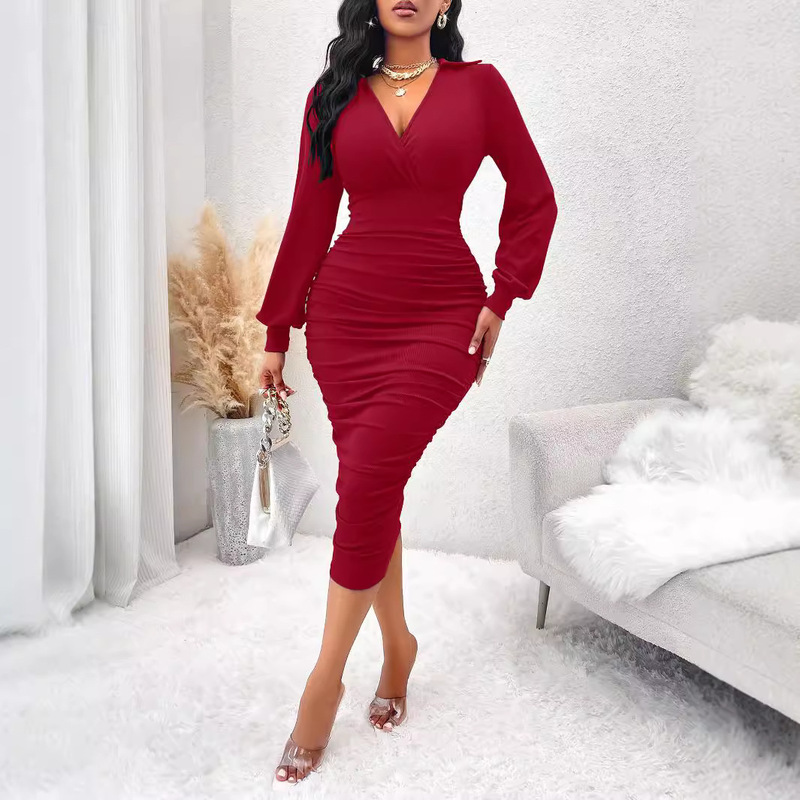 2025 Autumn Simple and Stylish Women's V-Neck Lantern Sleeve Bodycon Midi Dress, Available in Multiple Colors, Slim Fit with Waist Cinching