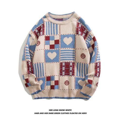 Japanese retro checkered heart crew neck sweater for men and women,ins loose student trendy brand couple lazy style knitwear