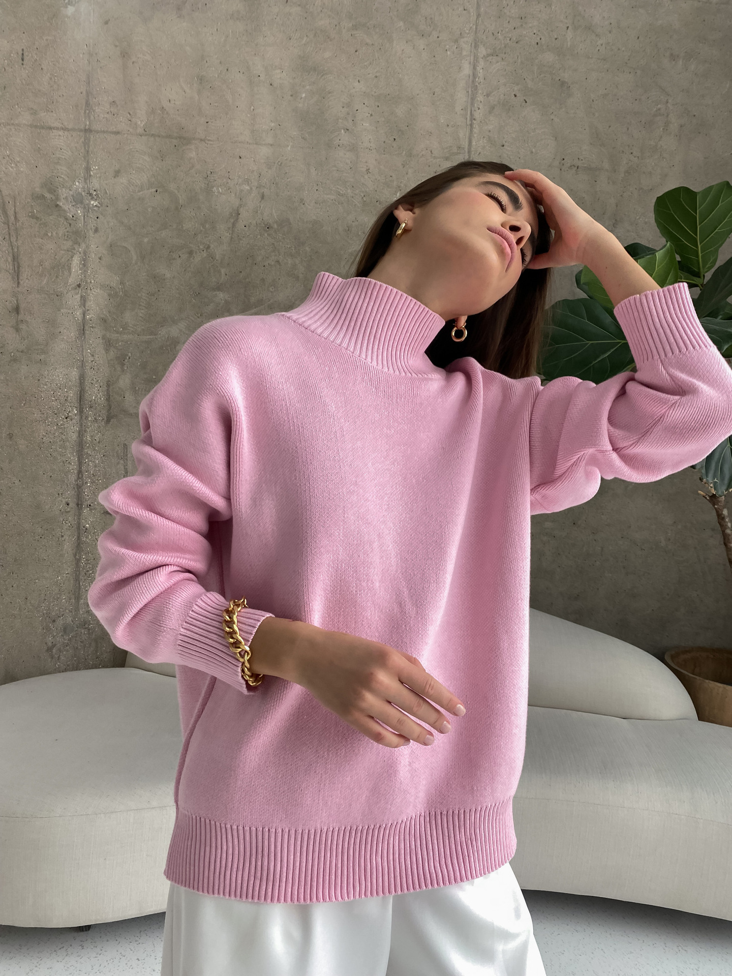 Pull tricoté à col semi-haut de couleur unie pour la mode automne-hiver, pull chaud simple et ample_voghion.com