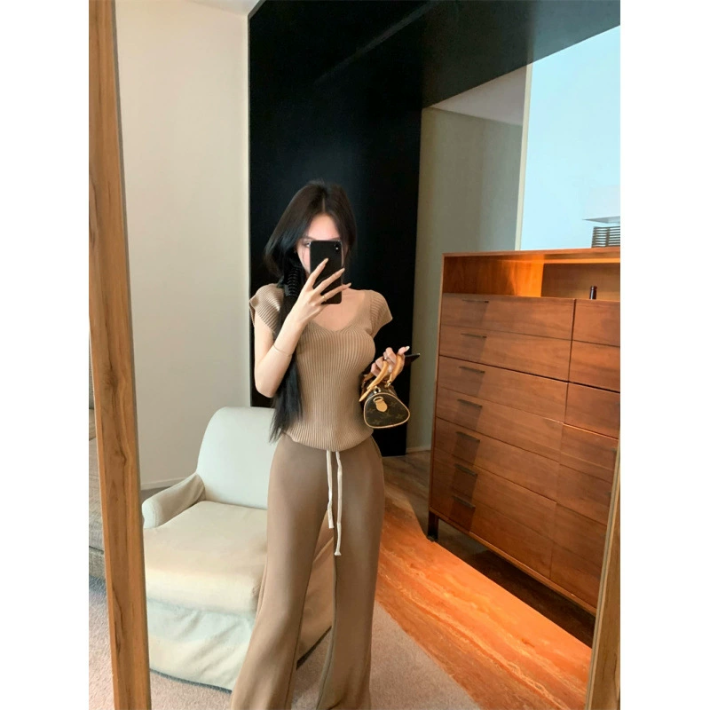 Женские модные сексуальные трикотажные костюмы из топа и брюк 2025 года, одежда для женщин