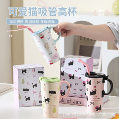 かわいいアニメ猫陶磁器ストローカップ大容量蓋付きコーヒーカップカップカップオフィス家庭用牛乳カップ